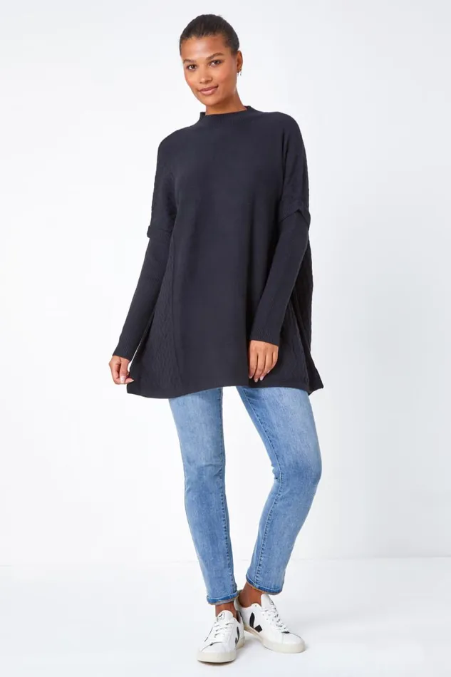 Women Black Relaxed High Neck Knitted Longline Jumper Roman Knitwear