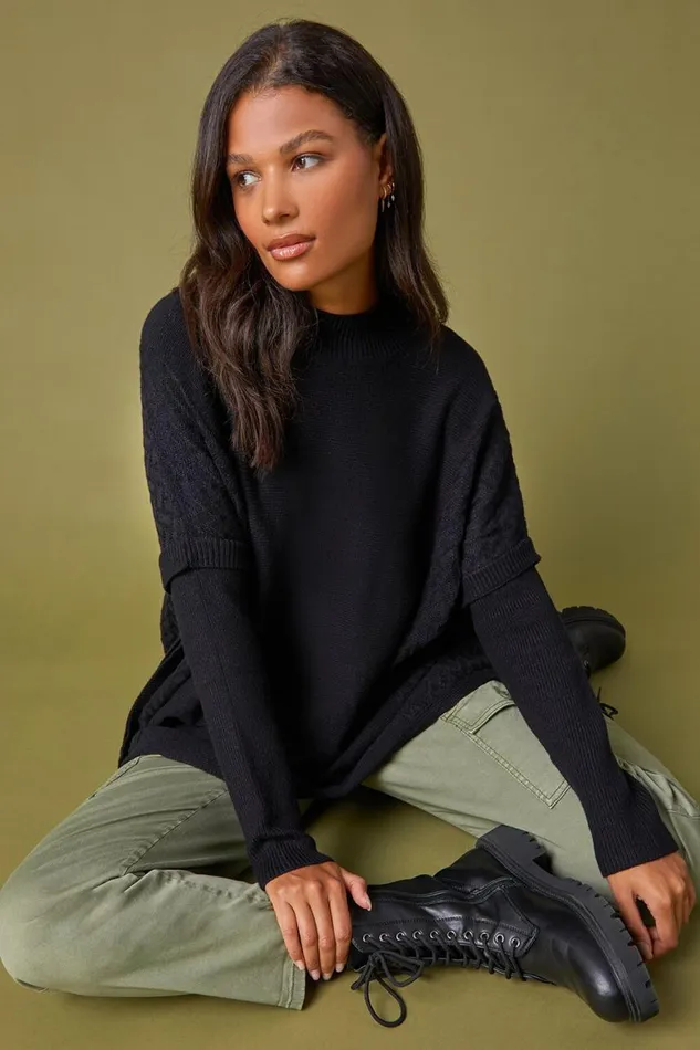 Women Black Relaxed High Neck Knitted Longline Jumper Roman Knitwear