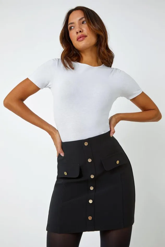 Women Black Ribbed Elastic Waist Button A Line Skirt Roman Skirts