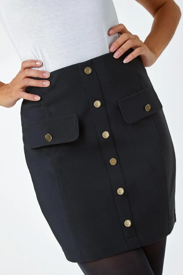 Women Black Ribbed Elastic Waist Button A Line Skirt Roman Skirts