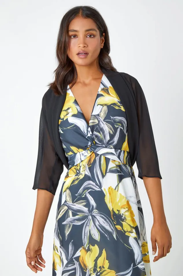Women Black Ruched Hem Chiffon Bolero Roman Tops