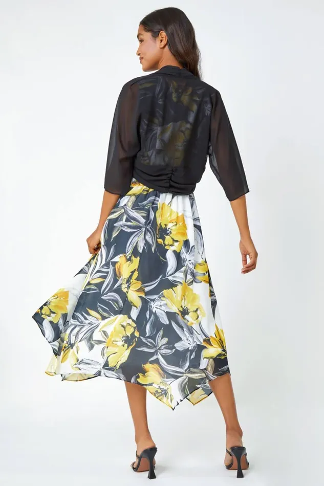 Women Black Ruched Hem Chiffon Bolero Roman Tops