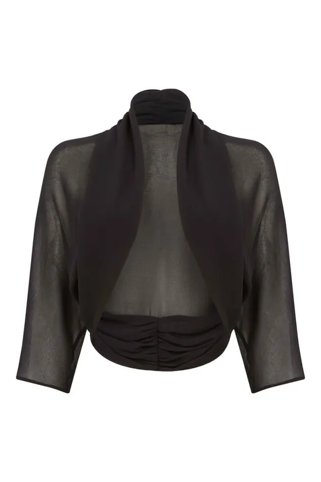 Women Black Ruched Hem Chiffon Bolero Roman Tops
