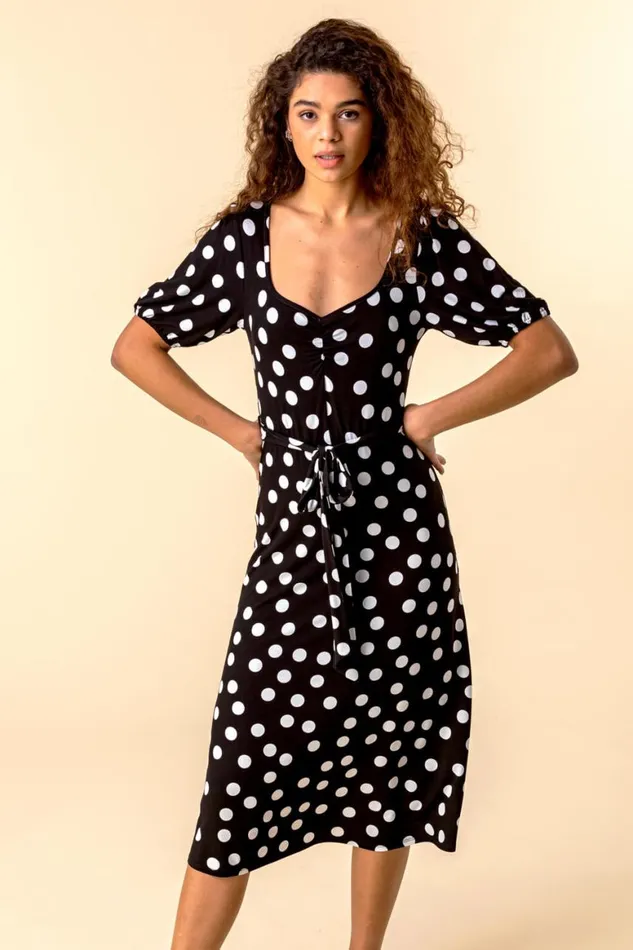 Women Black Ruched Neck Spot Print Midi Dress Roman Dresses