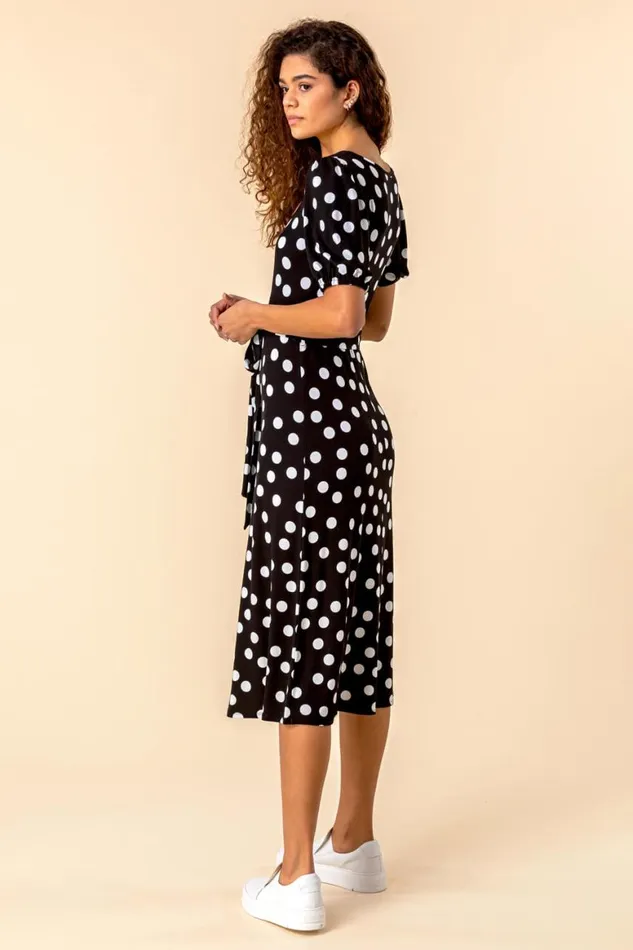 Women Black Ruched Neck Spot Print Midi Dress Roman Dresses