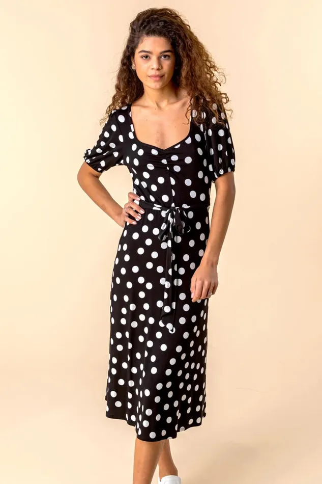 Women Black Ruched Neck Spot Print Midi Dress Roman Dresses