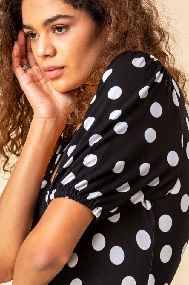 Women Black Ruched Neck Spot Print Midi Dress Roman Dresses
