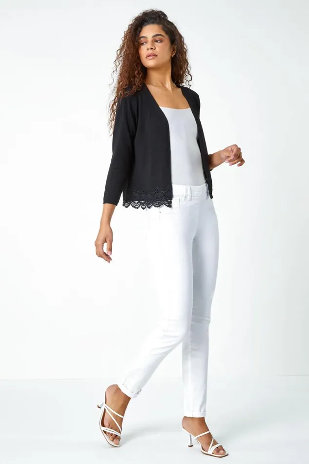 Women Black Scalloped Lace Trim Knitted Shrug Roman Knitwear