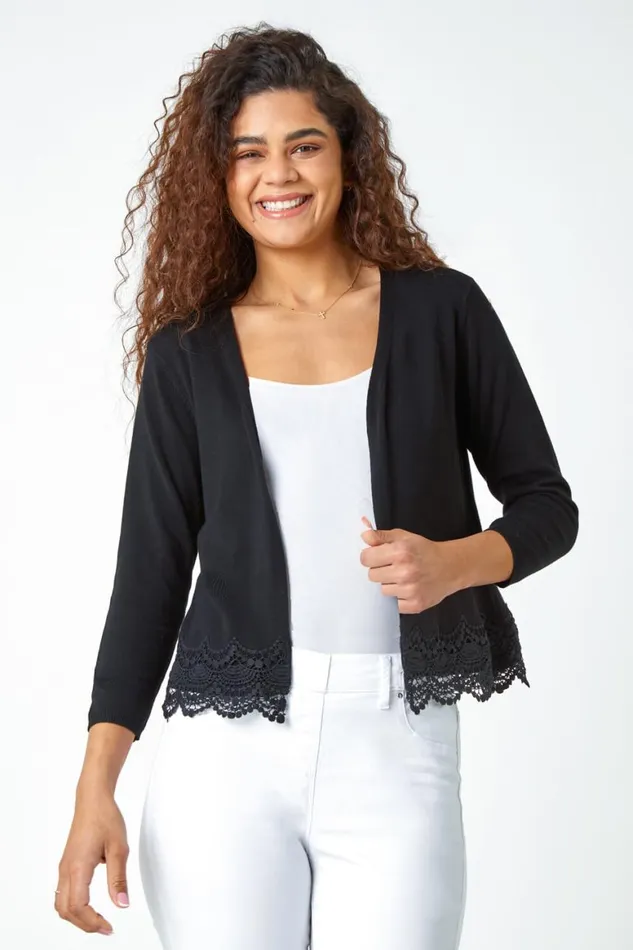 Women Black Scalloped Lace Trim Knitted Shrug Roman Knitwear