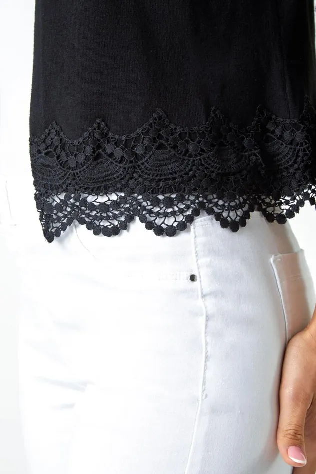 Women Black Scalloped Lace Trim Knitted Shrug Roman Knitwear