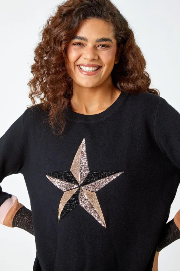 Women Black Sequin Embellished Star Print Jumper Roman Knitwear