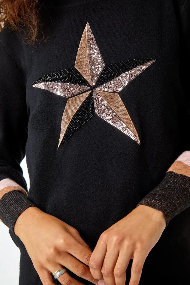 Women Black Sequin Embellished Star Print Jumper Roman Knitwear