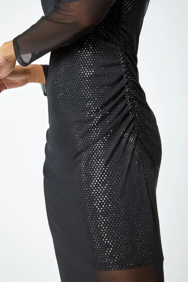 Women Black Sequin Mesh Overlay Stretch Ruched Midi Dress Roman Dresses