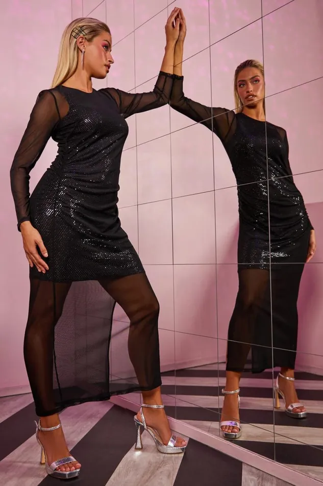 Women Black Sequin Mesh Overlay Stretch Ruched Midi Dress Roman Dresses