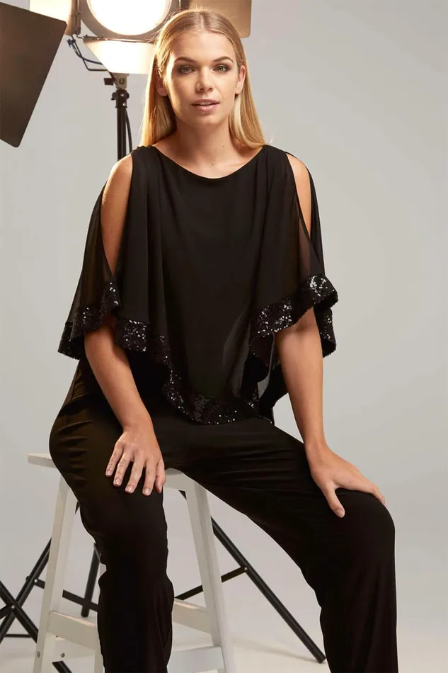 Women Black Sequin Trim Overlay Jumpsuit Roman Dresses
