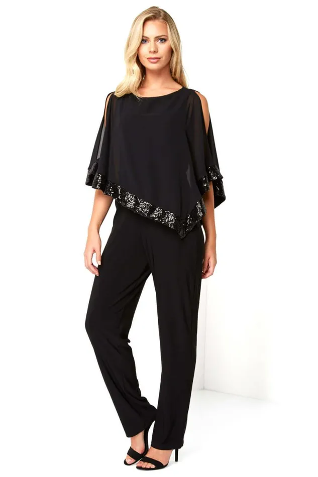 Women Black Sequin Trim Overlay Jumpsuit Roman Dresses