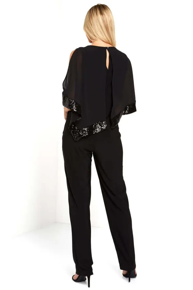 Women Black Sequin Trim Overlay Jumpsuit Roman Dresses