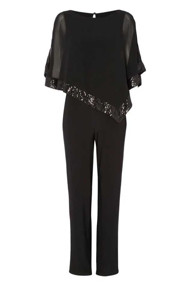 Women Black Sequin Trim Overlay Jumpsuit Roman Dresses