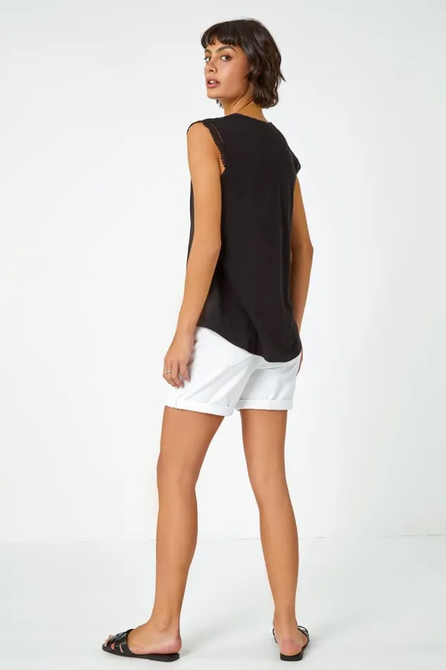 Women Black Sleeveless Lace Trim Cotton Top Roman Tops