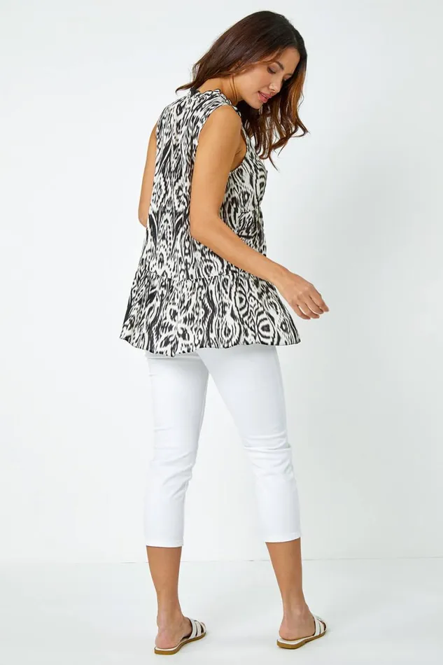 Women Black Sleeveless VNeck Aztec Print Frill Vest Top Roman Tops