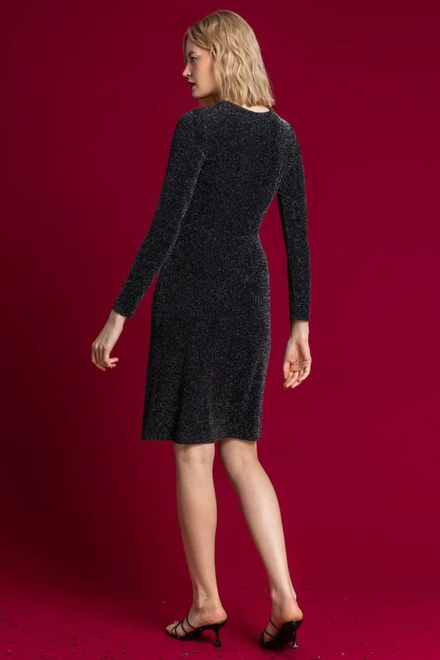 Women Black Sparkle Embellished Twist Front Ruched Dress Roman Dresses