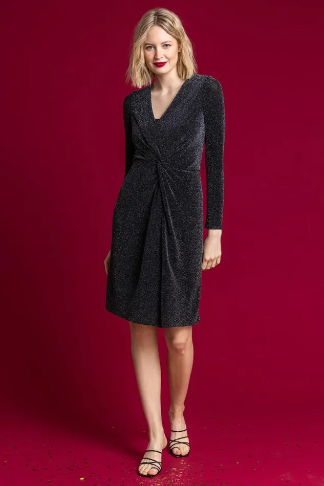 Women Black Sparkle Embellished Twist Front Ruched Dress Roman Dresses