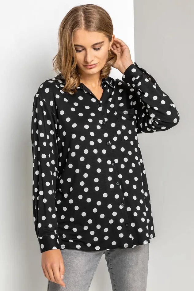 Women Black Spot Print Buttoned Shirt Roman Tops