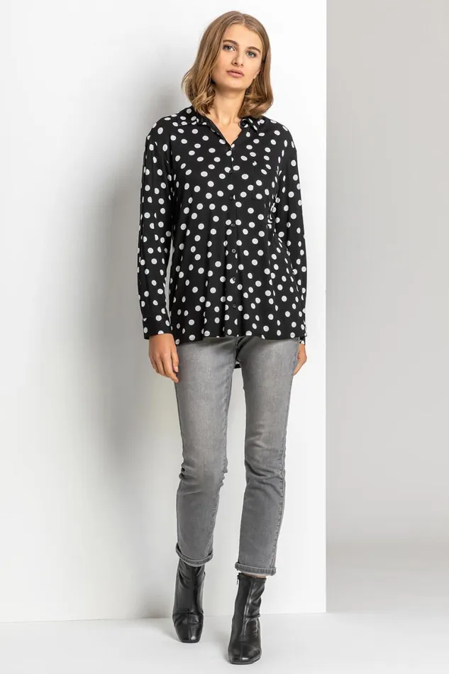 Women Black Spot Print Buttoned Shirt Roman Tops