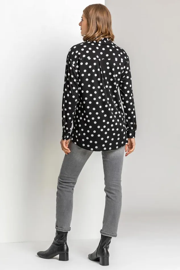 Women Black Spot Print Buttoned Shirt Roman Tops