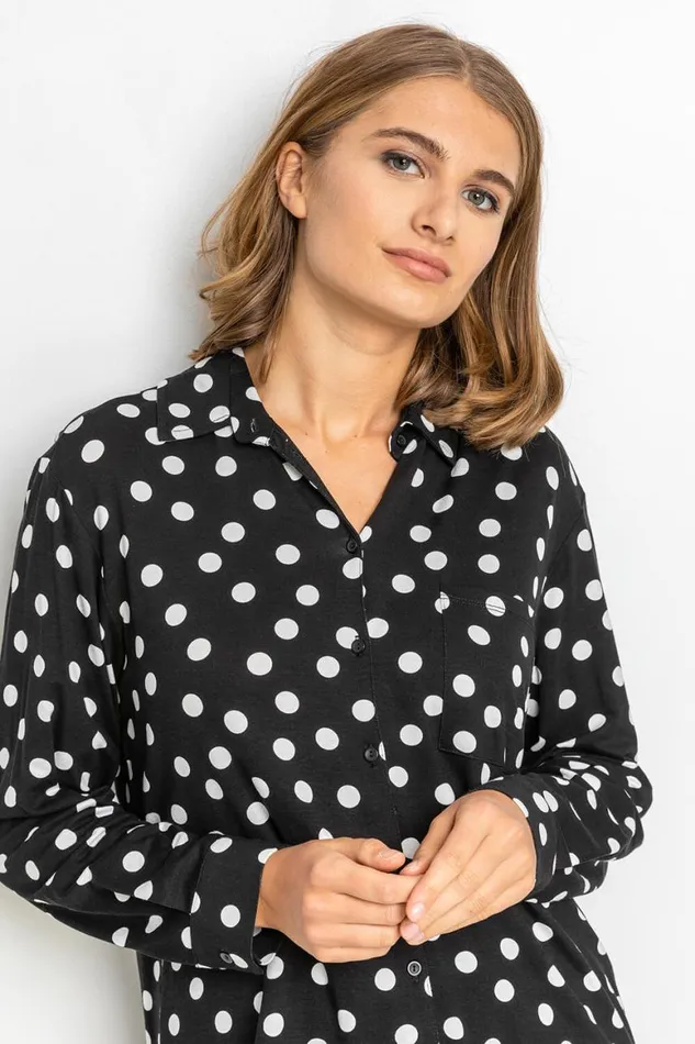 Women Black Spot Print Buttoned Shirt Roman Tops