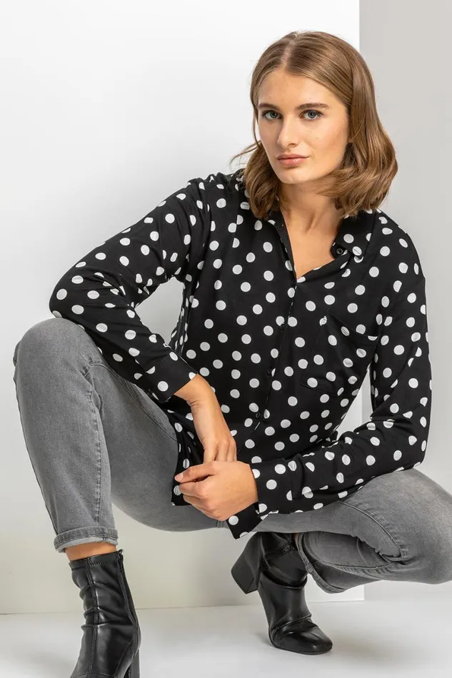Women Black Spot Print Buttoned Shirt Roman Tops