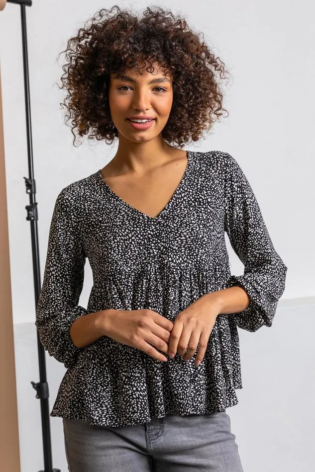 Women Black Spot Print V Neck Tiered Top Roman Tops