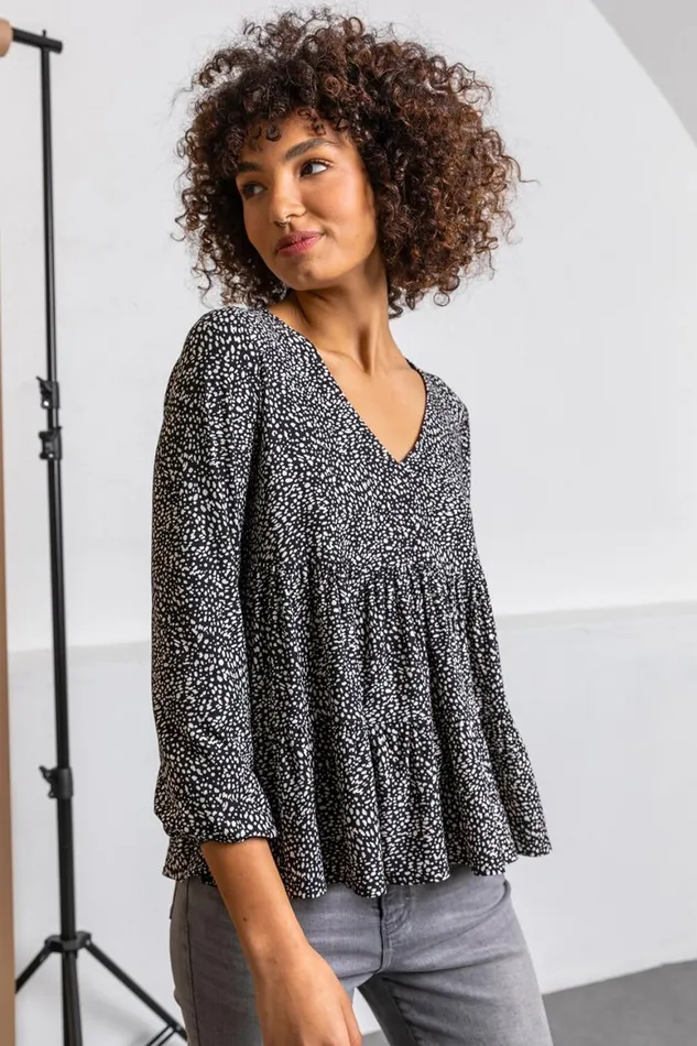 Women Black Spot Print V Neck Tiered Top Roman Tops