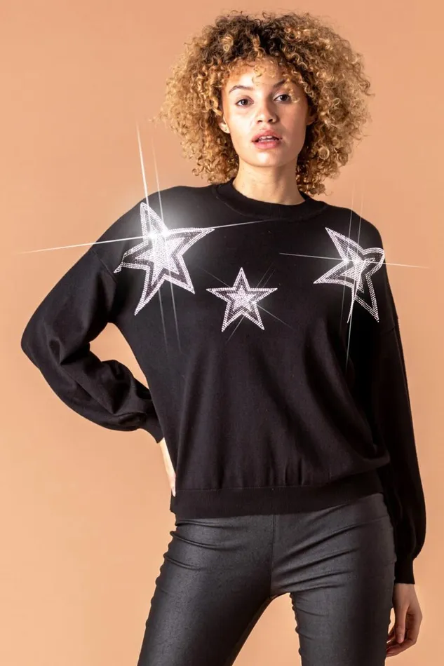 Women Black Star Diamante Embellished Jumper Roman Knitwear