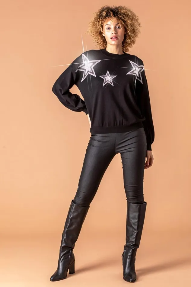 Women Black Star Diamante Embellished Jumper Roman Knitwear