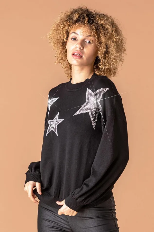Women Black Star Diamante Embellished Jumper Roman Knitwear