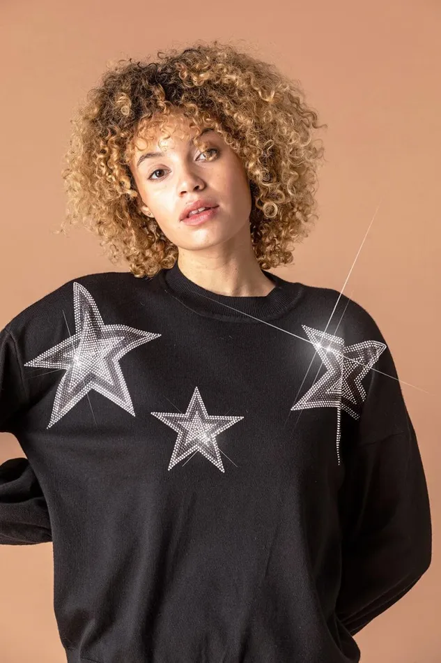 Women Black Star Diamante Embellished Jumper Roman Knitwear