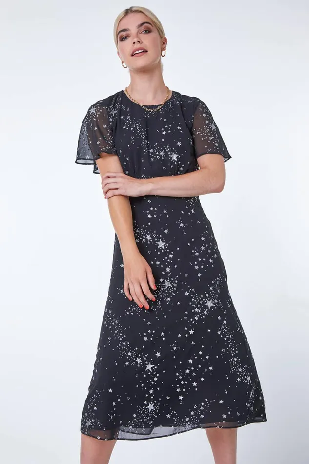 Women Black Star Print Chiffon Midi Dress Roman Dresses