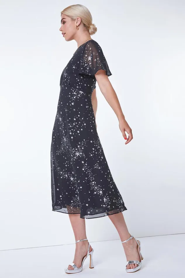 Women Black Star Print Chiffon Midi Dress Roman Dresses
