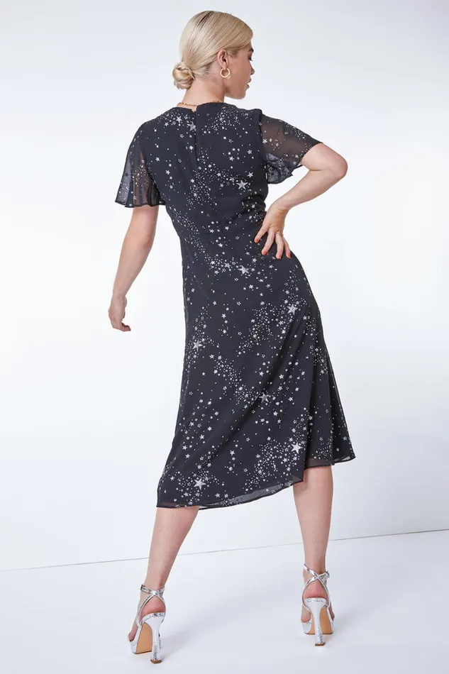 Women Black Star Print Chiffon Midi Dress Roman Dresses