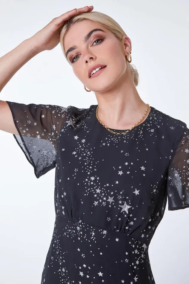 Women Black Star Print Chiffon Midi Dress Roman Dresses