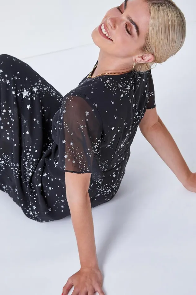 Women Black Star Print Chiffon Midi Dress Roman Dresses