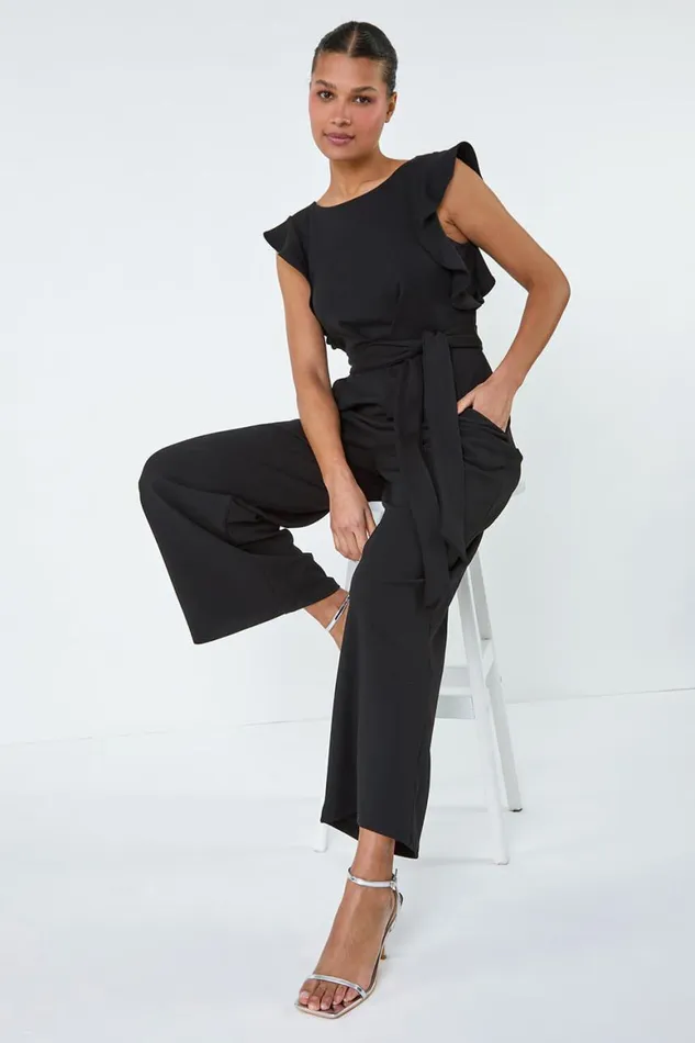 Women Black Straight Leg Frill Detail Jumpsuit Roman Dresses