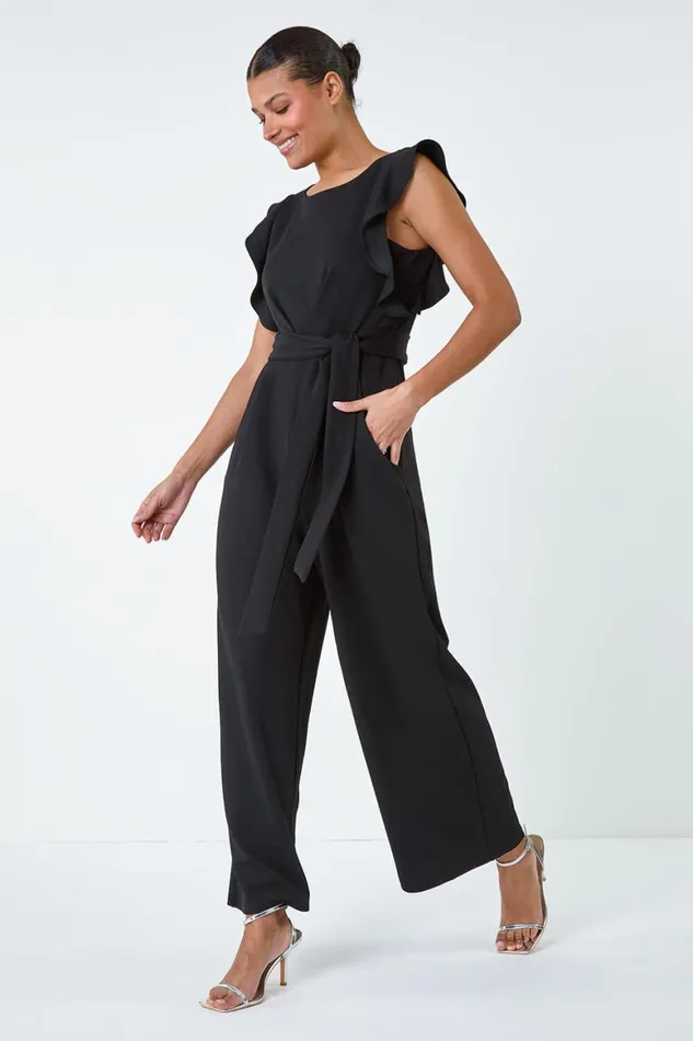 Women Black Straight Leg Frill Detail Jumpsuit Roman Dresses