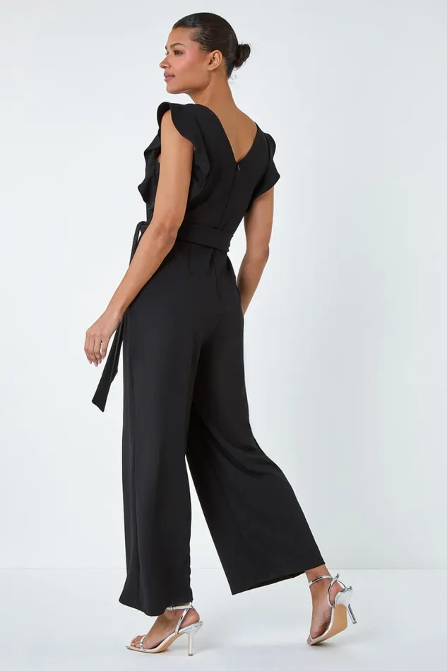 Women Black Straight Leg Frill Detail Jumpsuit Roman Dresses