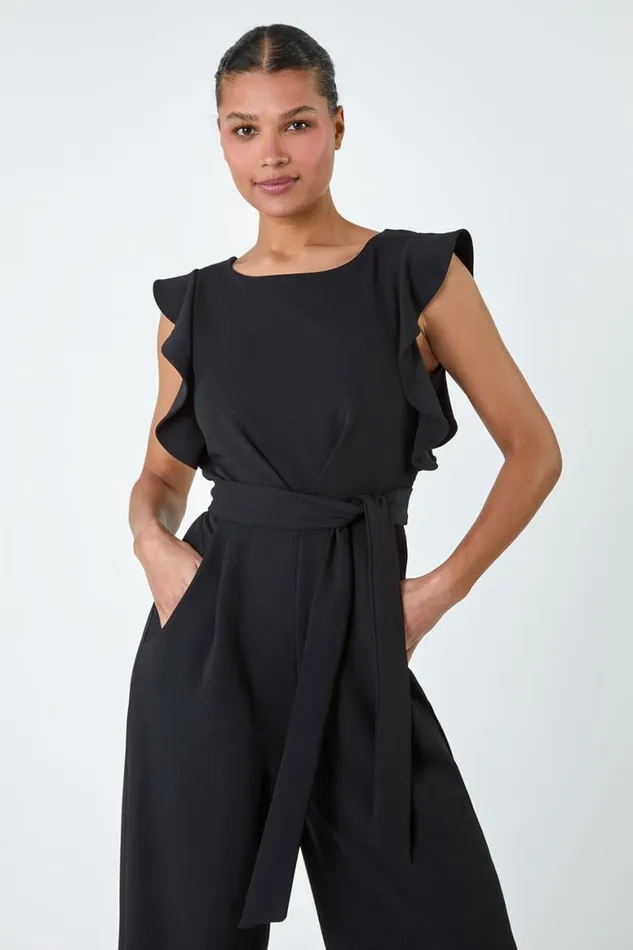 Women Black Straight Leg Frill Detail Jumpsuit Roman Dresses