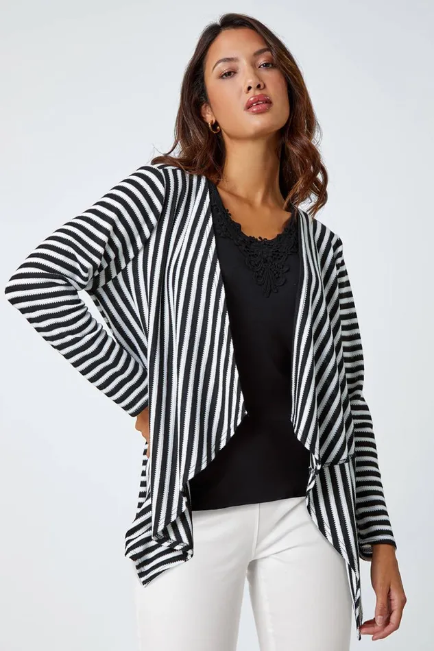 Women Black Stripe Cardigan and Lace Vest Stretch Top Roman Tops