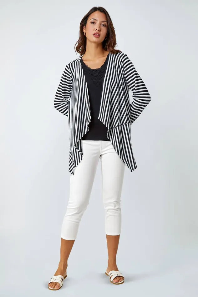 Women Black Stripe Cardigan and Lace Vest Stretch Top Roman Tops