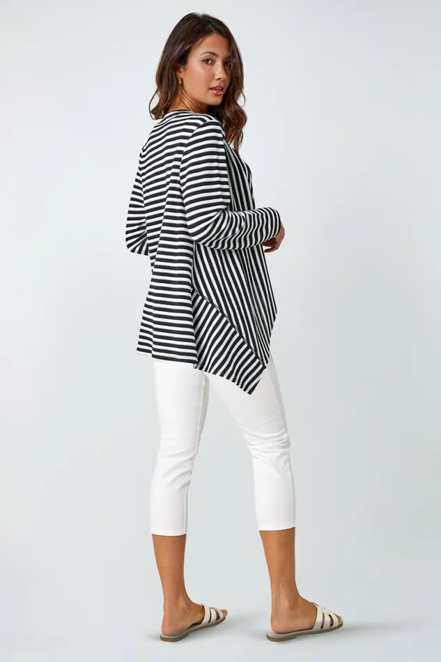 Women Black Stripe Cardigan and Lace Vest Stretch Top Roman Tops