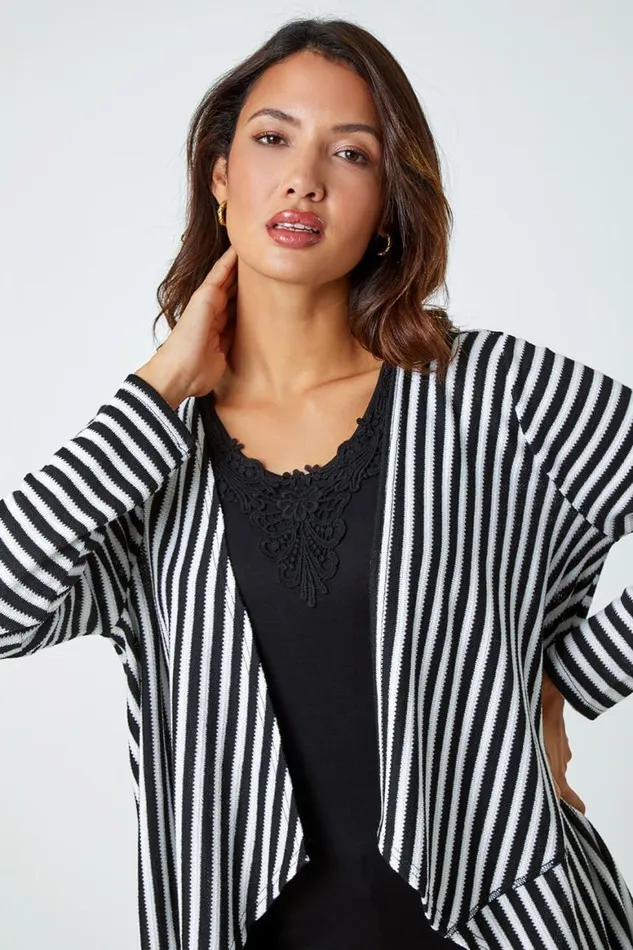 Women Black Stripe Cardigan and Lace Vest Stretch Top Roman Tops